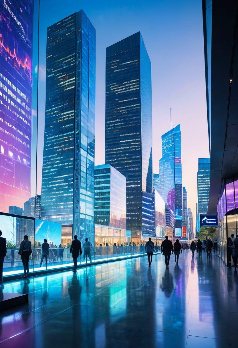 A futuristic cityscape with advanced healthcare technology and holographic displays illustrating healthcare trends. People of diverse backgrounds engaging with interactive health devices, surrounded by smooth, modern architecture. The sky filled with glowing visual representations of biotech advancements. The scene conveys a sense of hope and innovation in healthcare. vibrant colors. 3D.