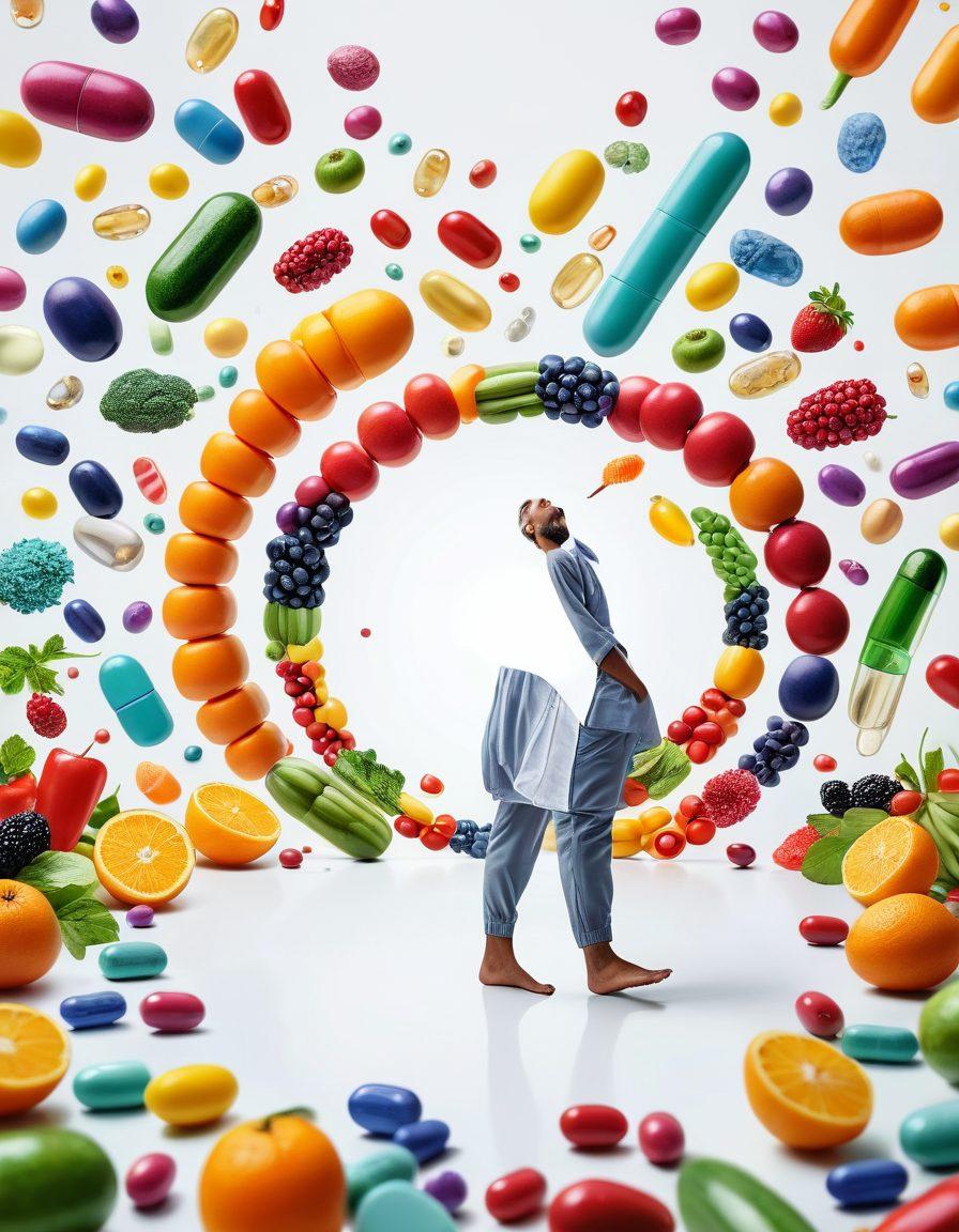 A vibrant and engaging collage illustrating the connection between pharmaceuticals and wellness, featuring a modern pharmacy, diverse individuals engaging in healthy activities, colorful pills evolving into fresh fruits and vegetables, and graphs depicting health trends in the background. super-realistic. vibrant colors. white background.