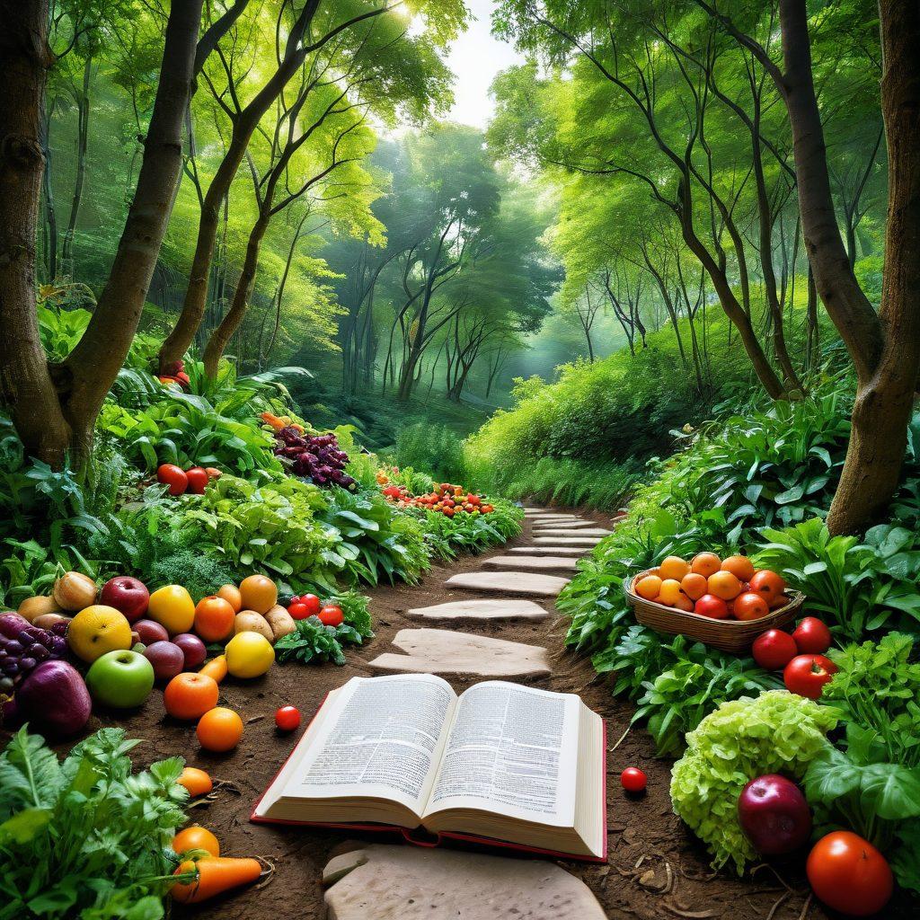 A serene path winding through a lush green forest, symbolizing a health journey, with vibrant fruits and vegetables along the sides, and a glowing book of expert tips floating above. The atmosphere is calming and uplifting, inviting viewers to explore wellness. super-realistic. vibrant colors. white background.
